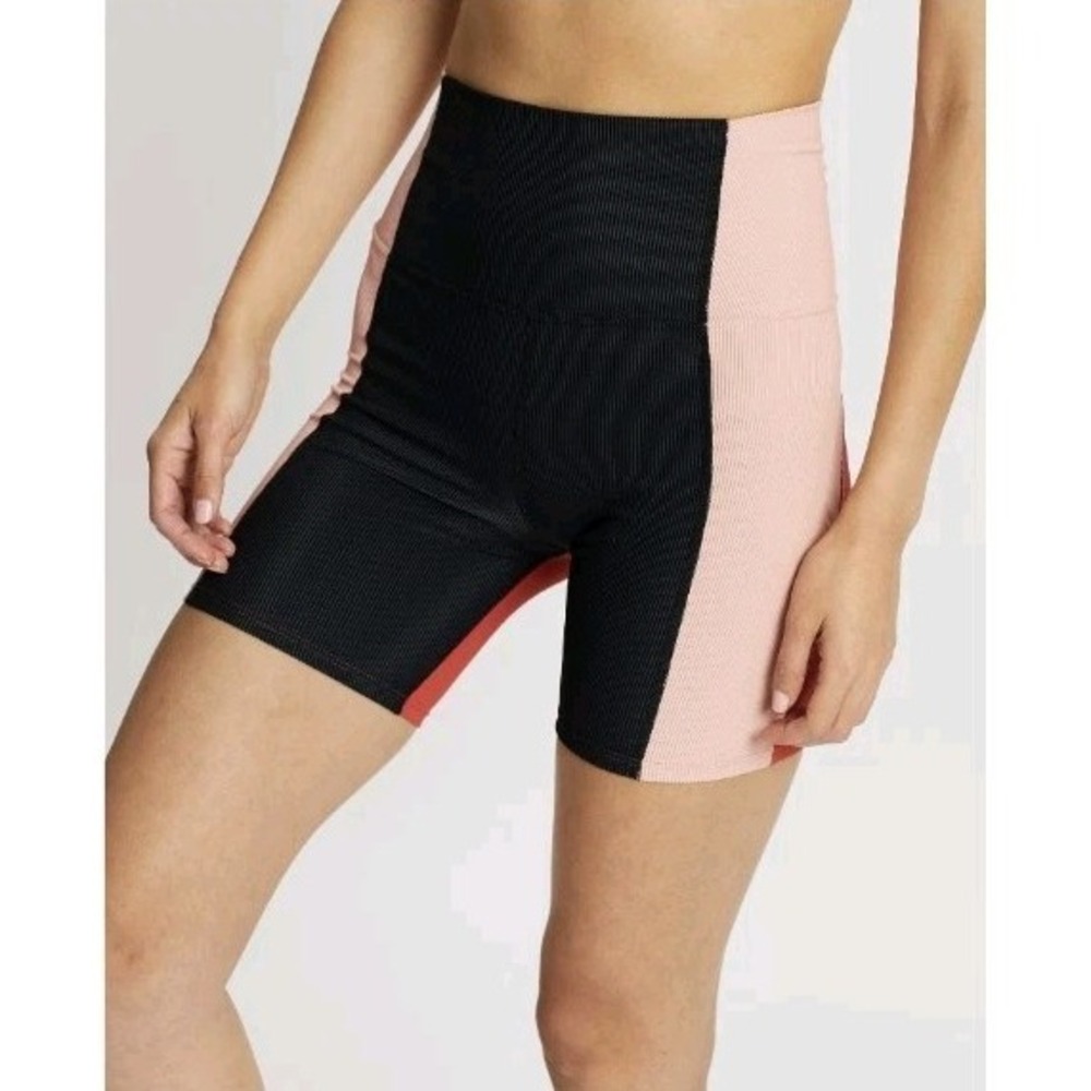 New Beach Riot Bike Short Womens Sz S Color Block Ribbed Pink Black Surf Active